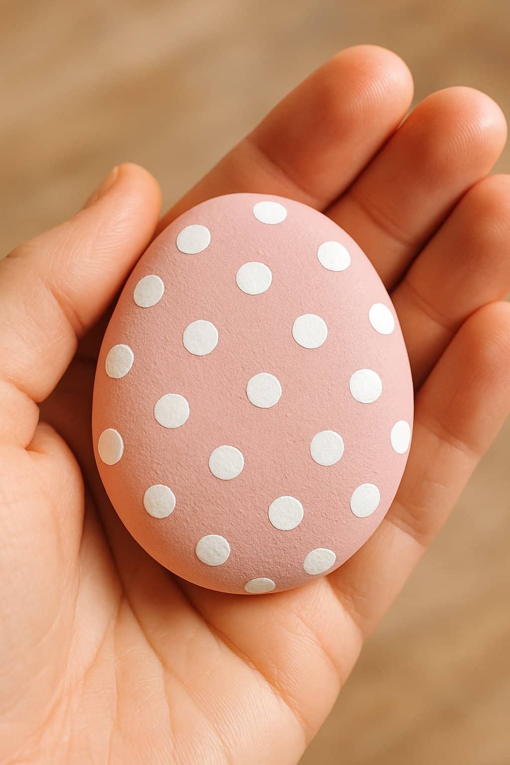 A hand holding a smooth pink rock with white polka dots.