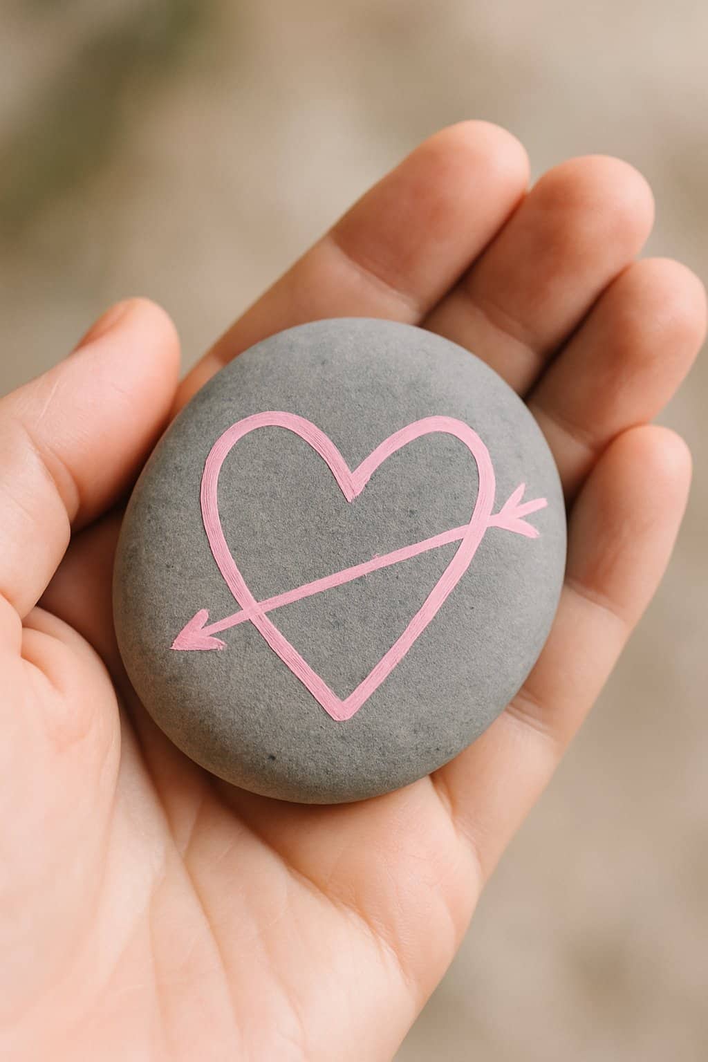A hand holding a smooth river rock painted with a pink heart outline and an arrow detail.