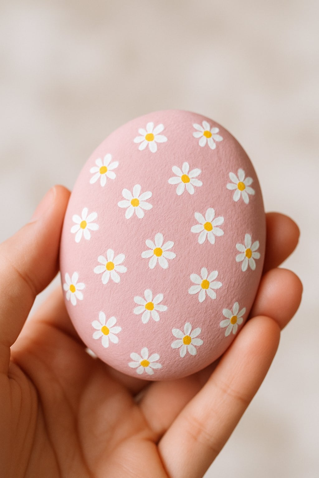 A hand holding a smooth pink rock decorated with small white daisies.