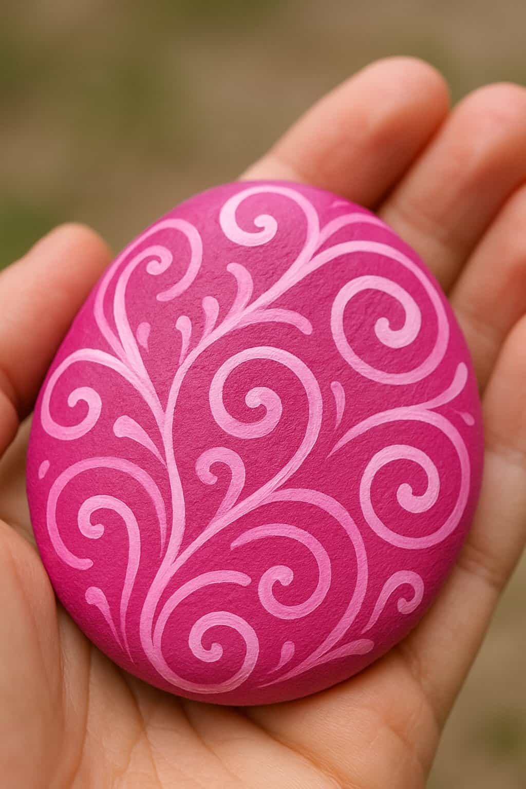 A hand holding a smooth river rock painted bright pink with swirly patterns.