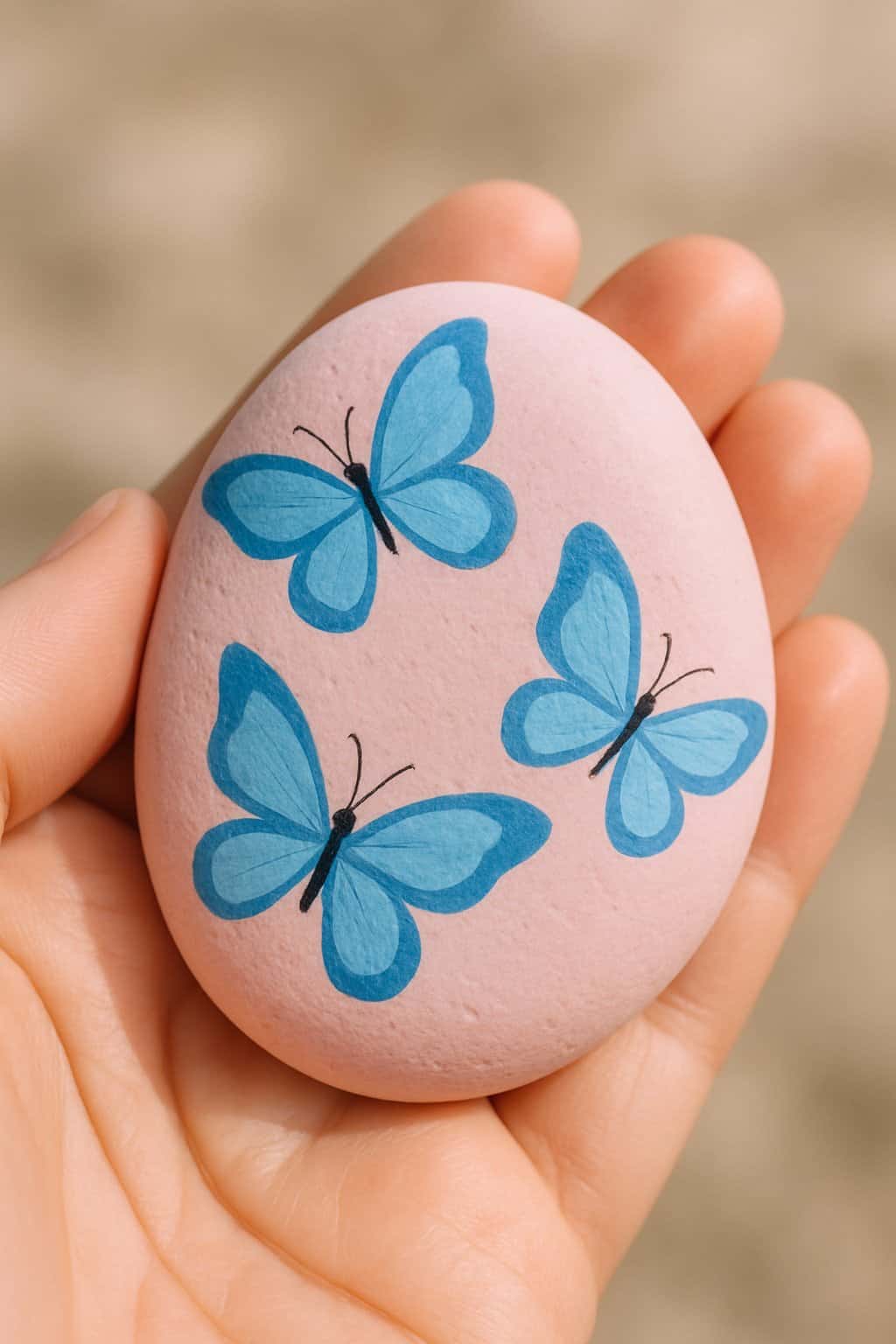 A hand holding a smooth pink rock with blue butterfly designs painted on it.