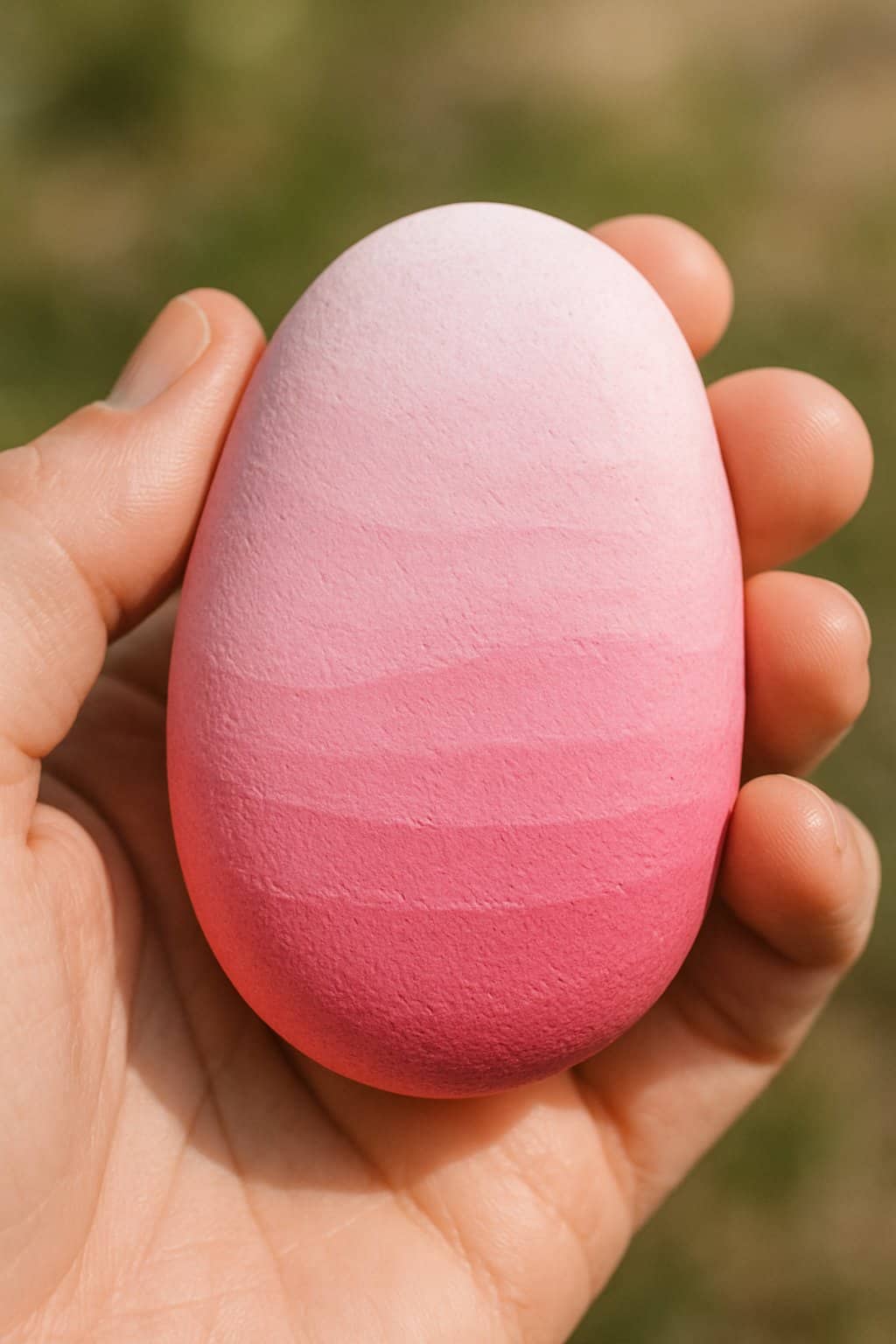A hand holding a smooth river rock painted with pink gradient colors.