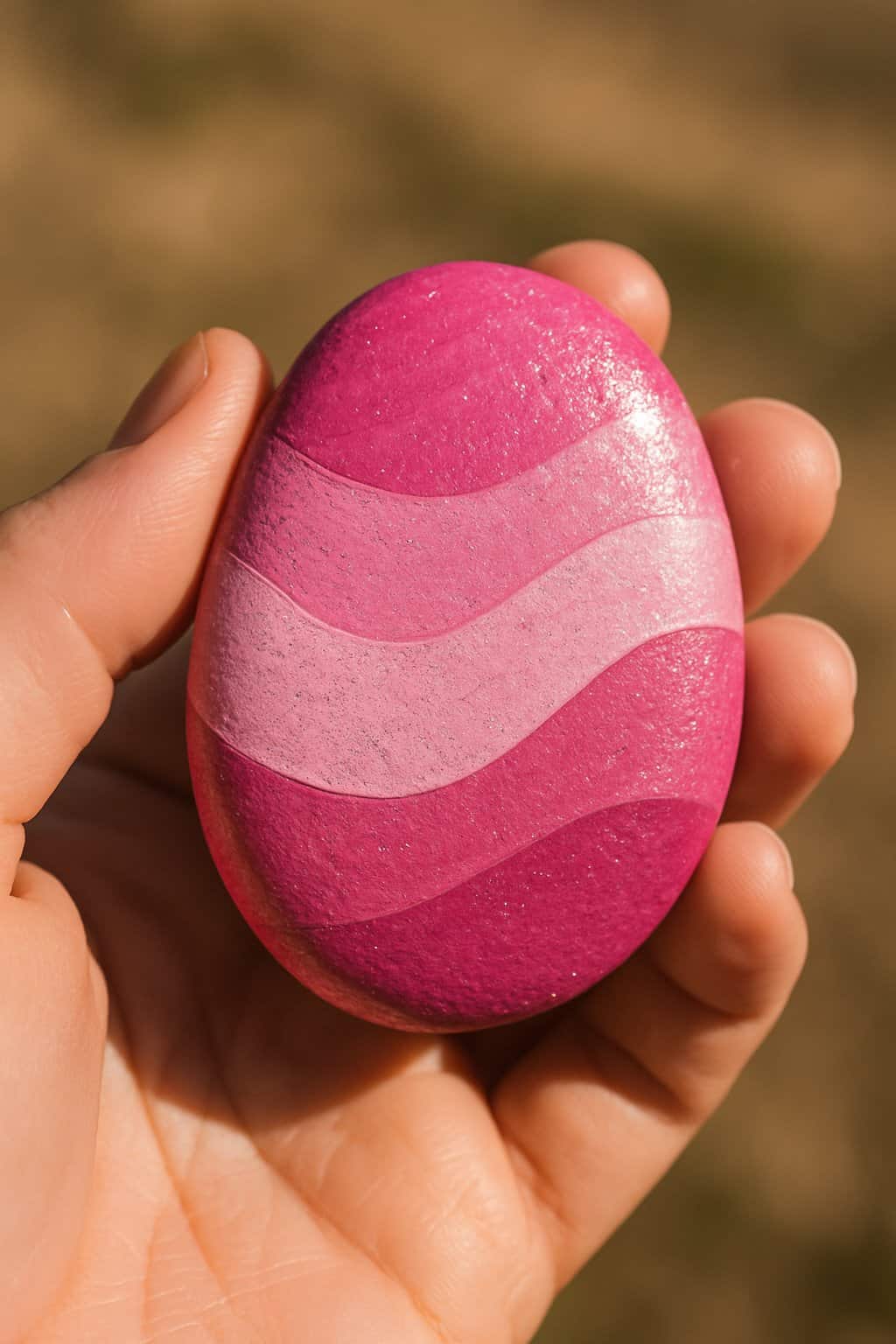 A hand holding a smooth pink painted rock with glitter, against a softly blurred background.