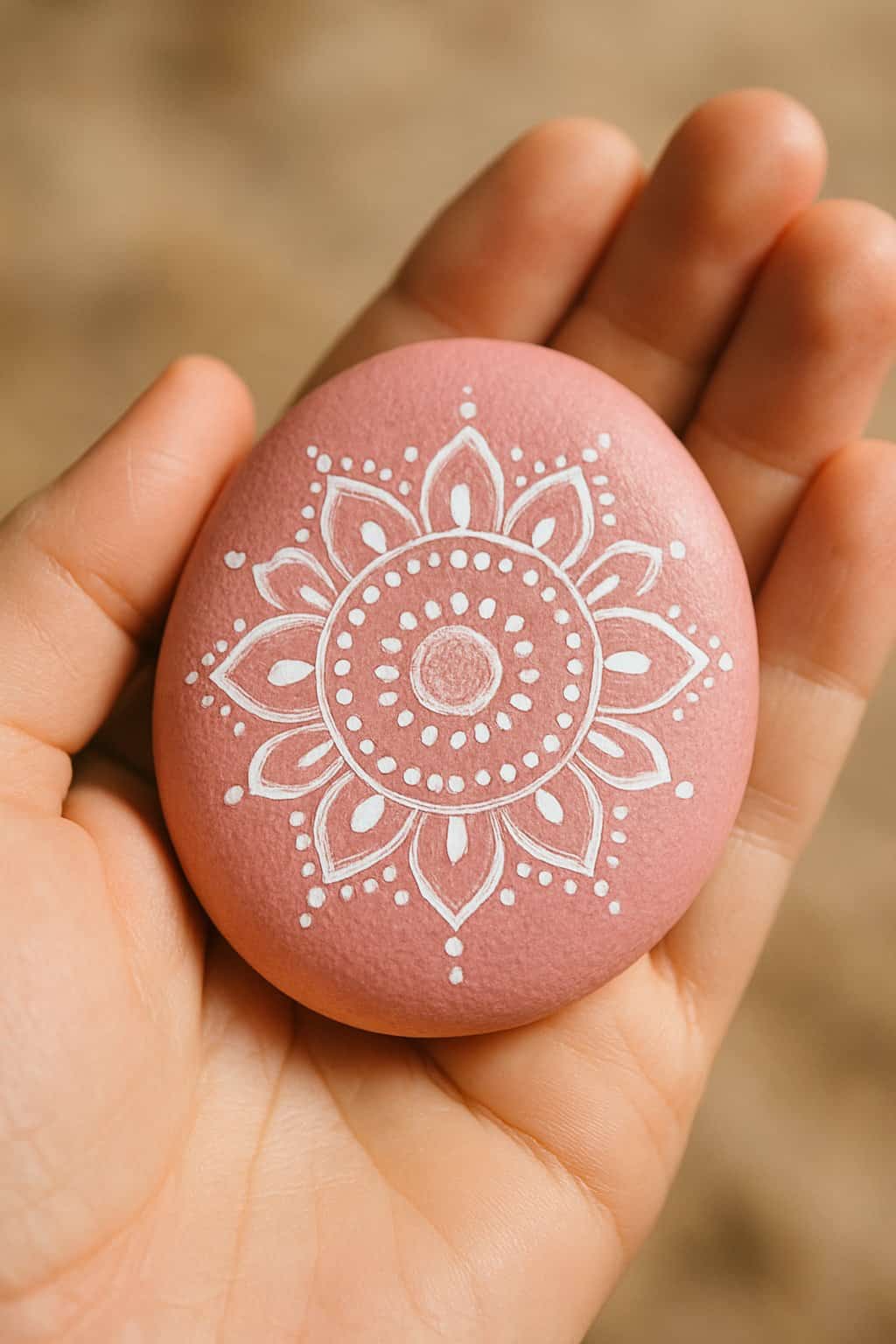 A hand holding a smooth pink river rock with a simple mandala pattern painted on it.