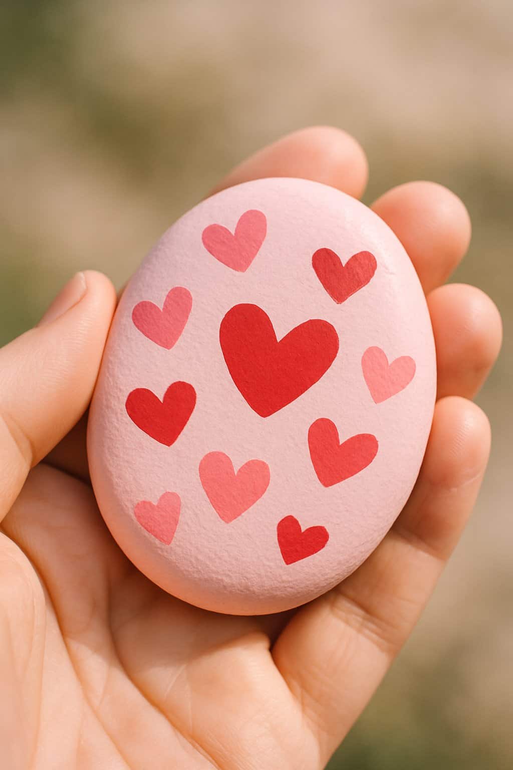A hand holding a smooth pink river rock painted with cartoon hearts.