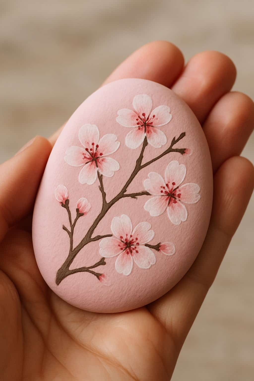 A hand holding a smooth pink river rock painted with cherry blossom flowers.