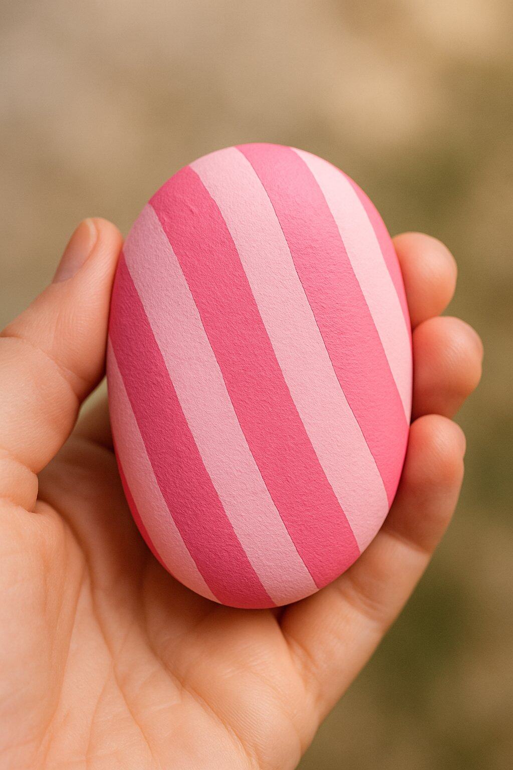 A hand holding a smooth river rock painted with pink candy stripe design.