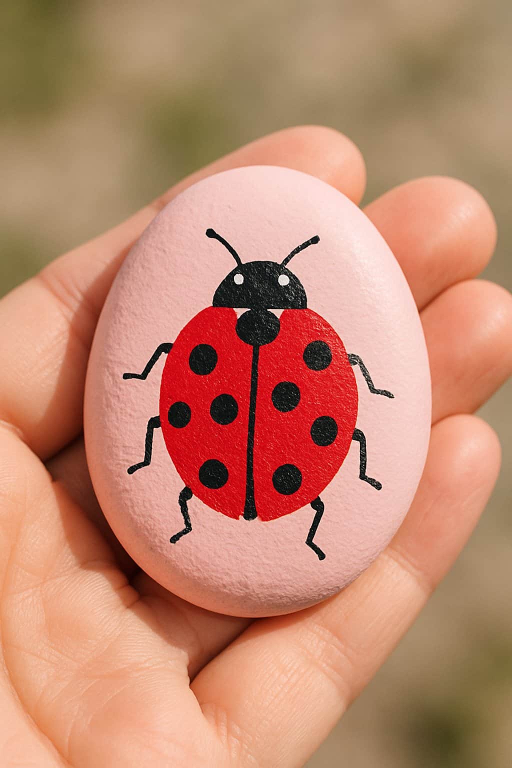 A hand holding a smooth pink river rock painted with a ladybug design.