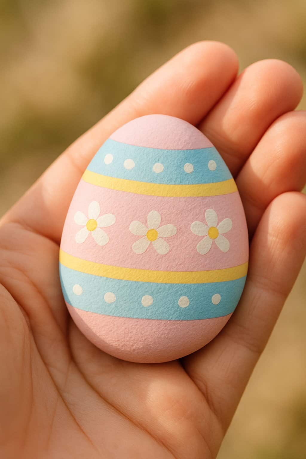 A hand holding a small painted rock with a simple Easter egg design against a blurred natural background.