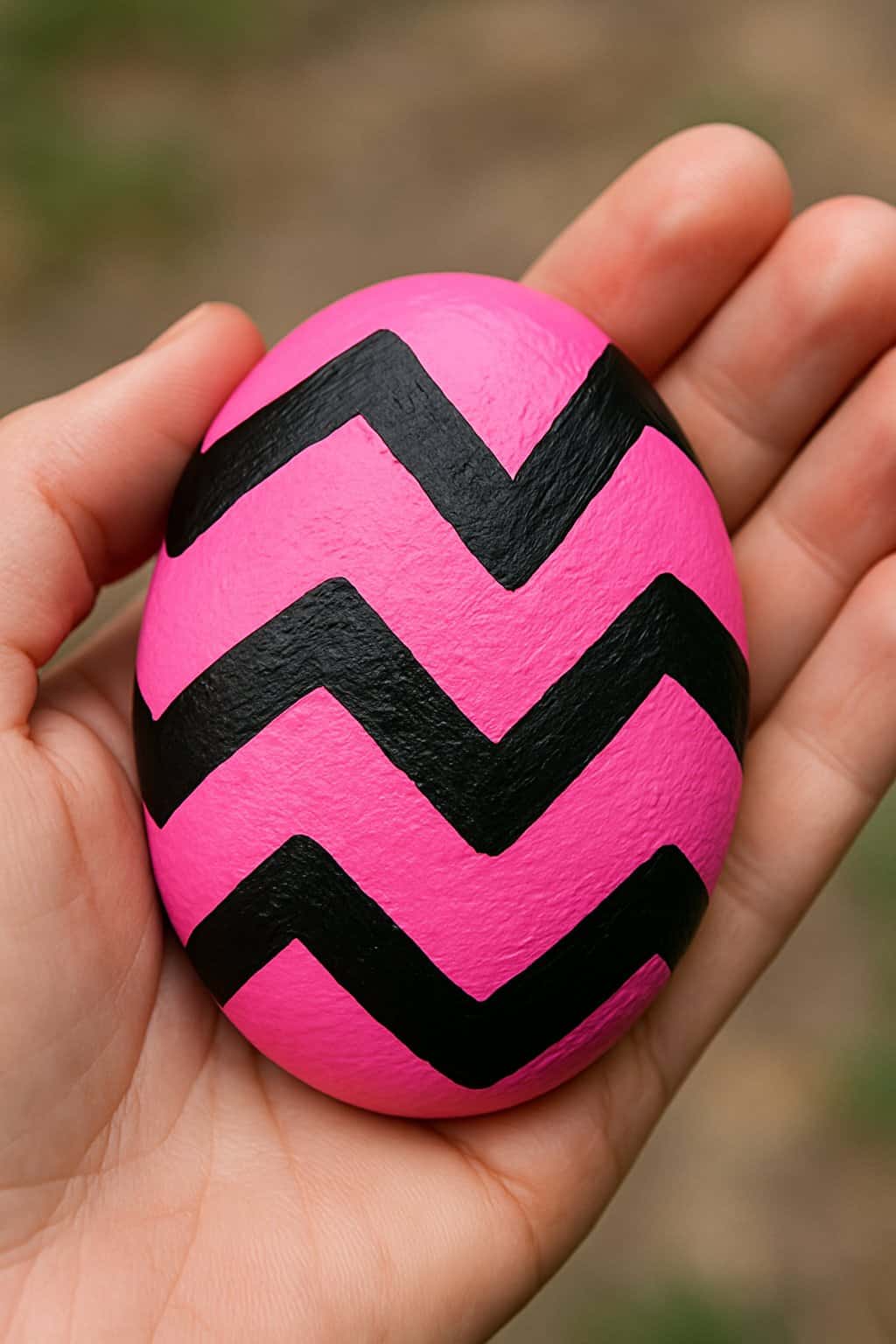 A hand holding a smooth river rock painted pink with black zigzag patterns.