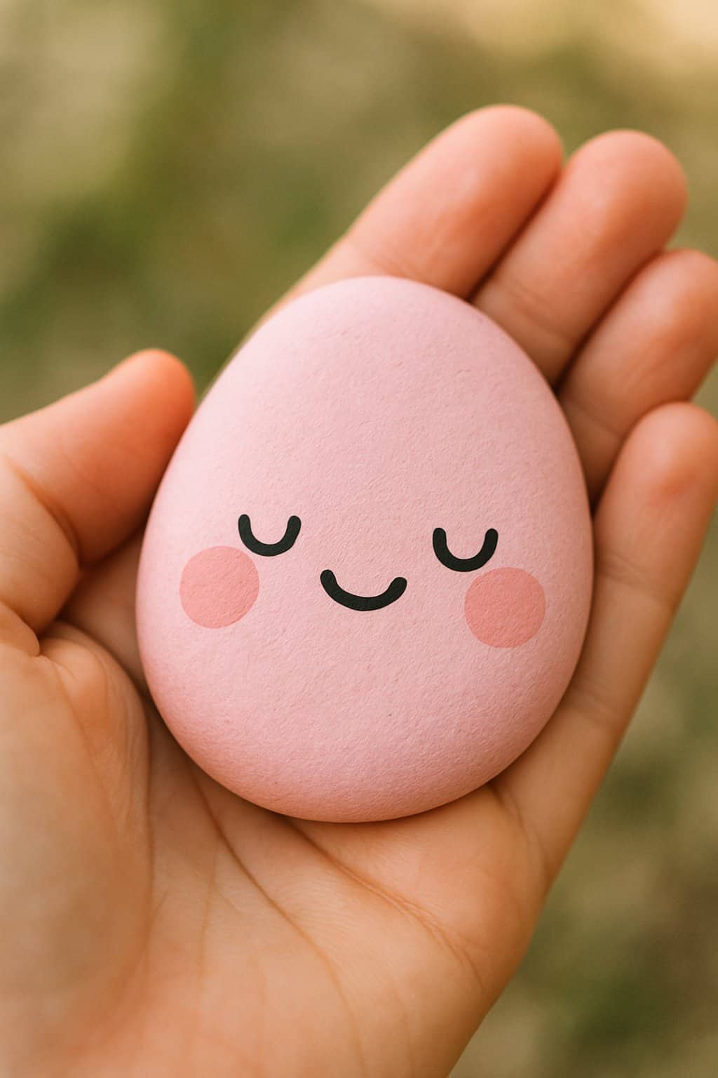 A hand holding a smooth pink river rock painted with a cute smiling face.