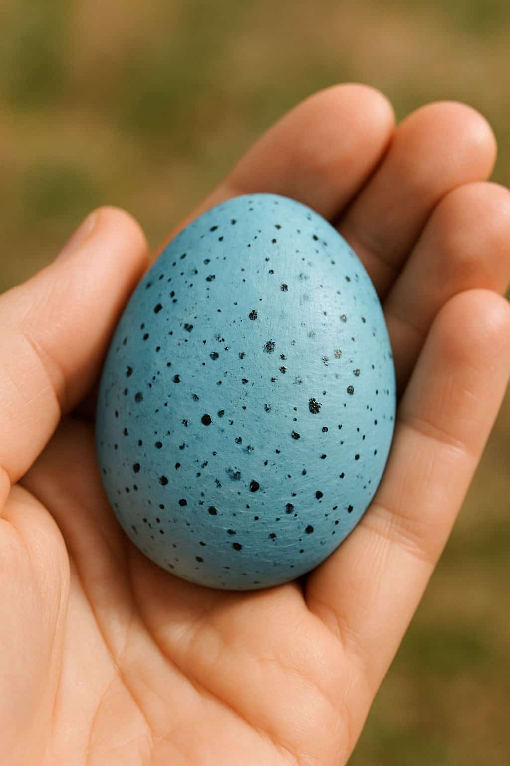 A hand holding a smooth river rock painted blue with dark speckles, resembling a robin's egg.