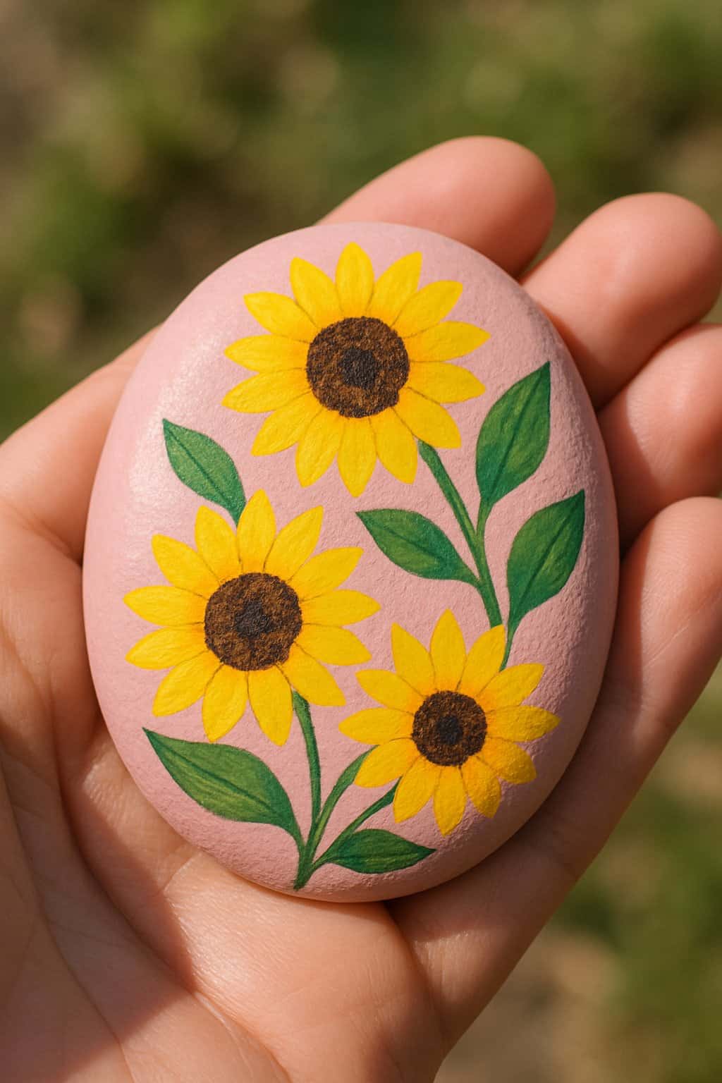 A hand holding a smooth river rock painted with yellow sunflowers on a pink background.
