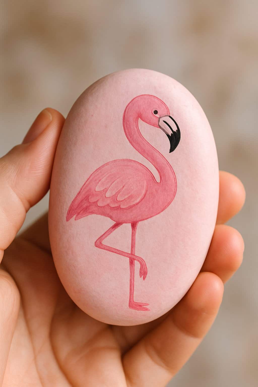 A hand holding a smooth river rock painted with a pink flamingo design.