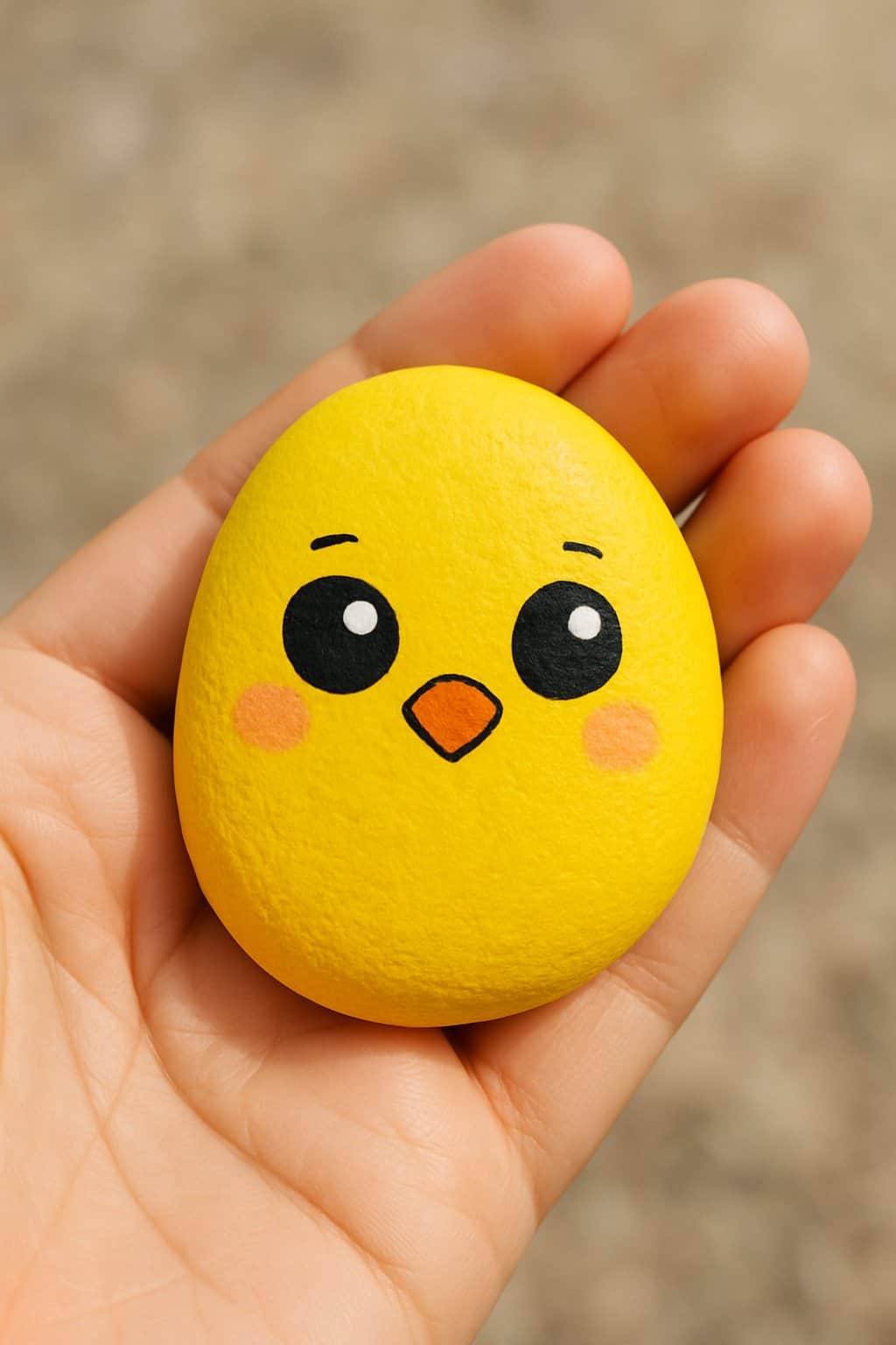 A hand holding a smooth yellow oval rock painted with a cartoon chick face.