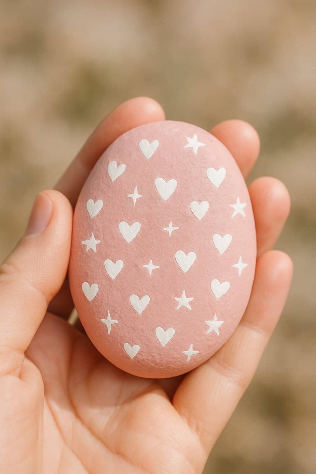 A hand holding a smooth pink river rock painted with small hearts and stars.