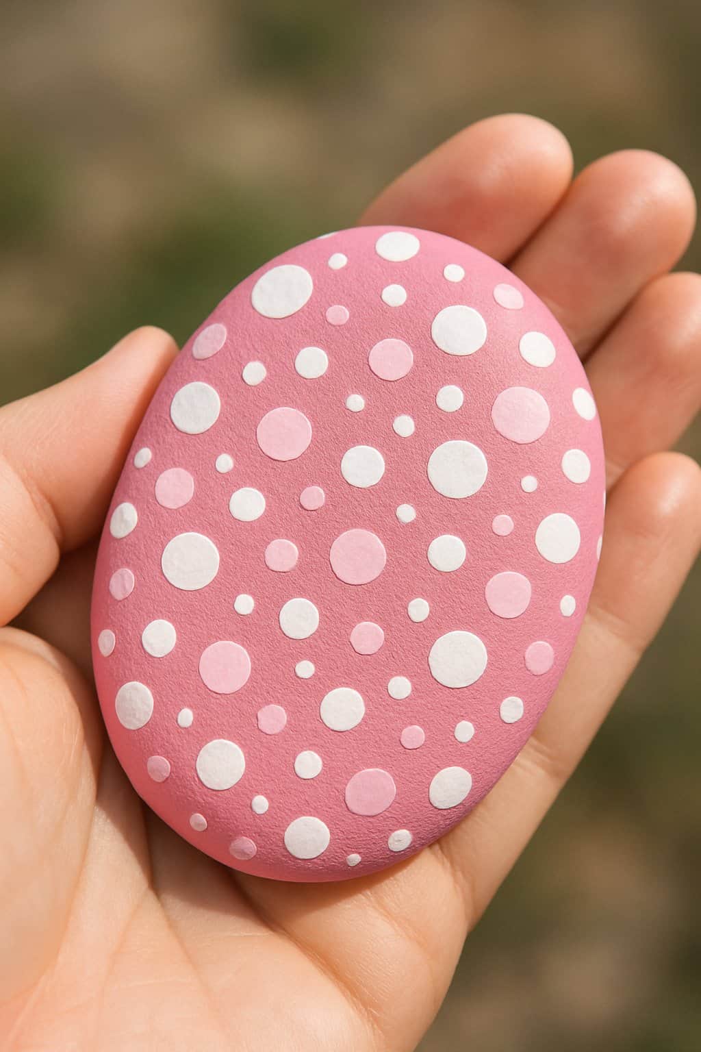 A hand holding a smooth river rock painted pink with white and pink polka dots.