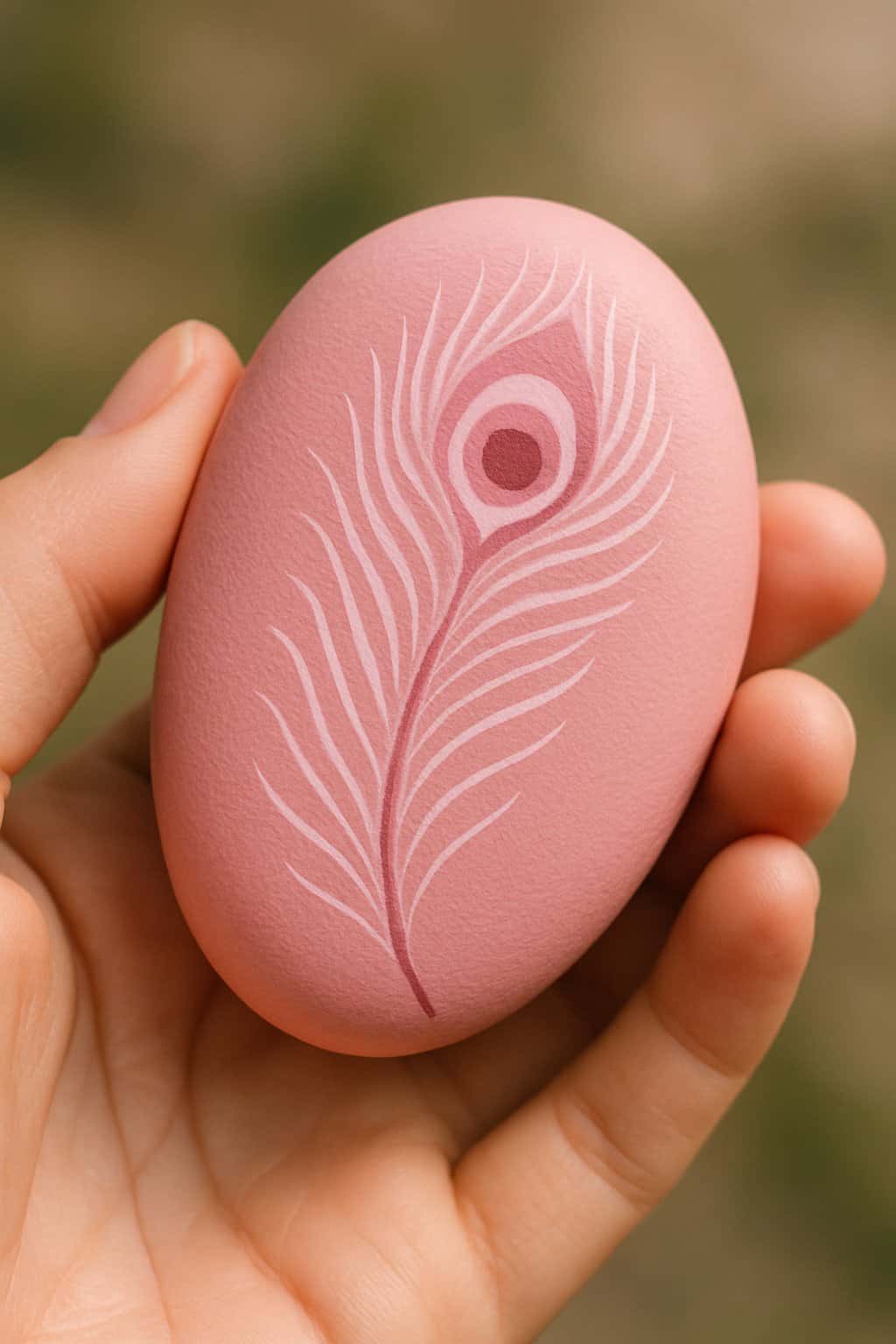 A hand holding a smooth river rock painted pink with a peacock feather design.