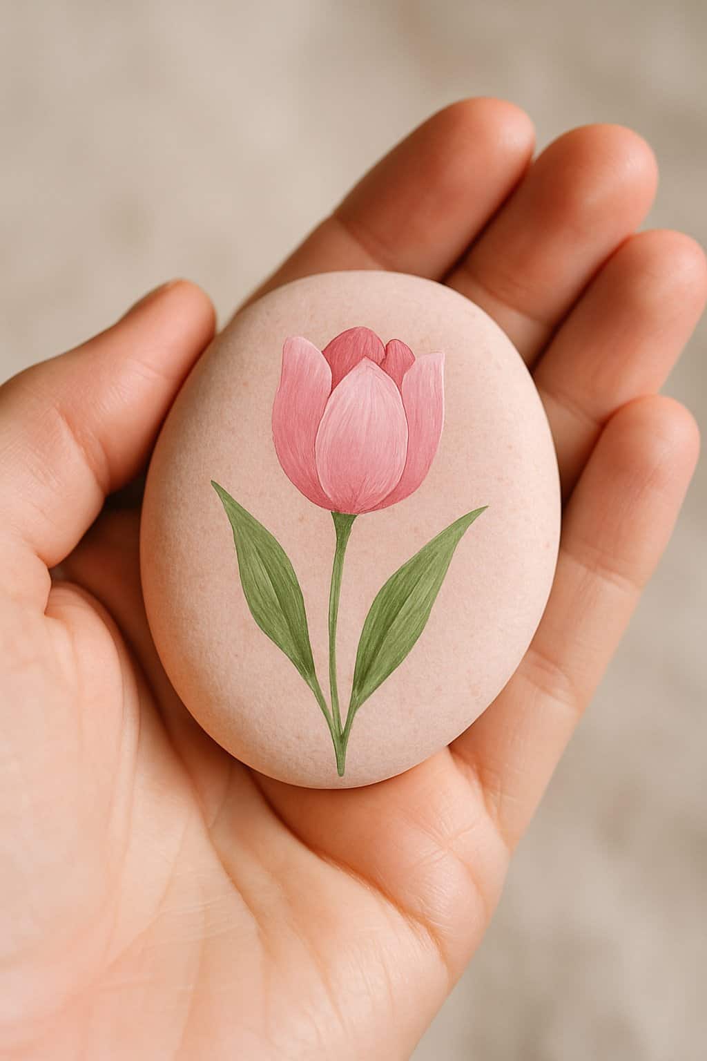 A hand holding a smooth river rock painted with a pink tulip flower design.