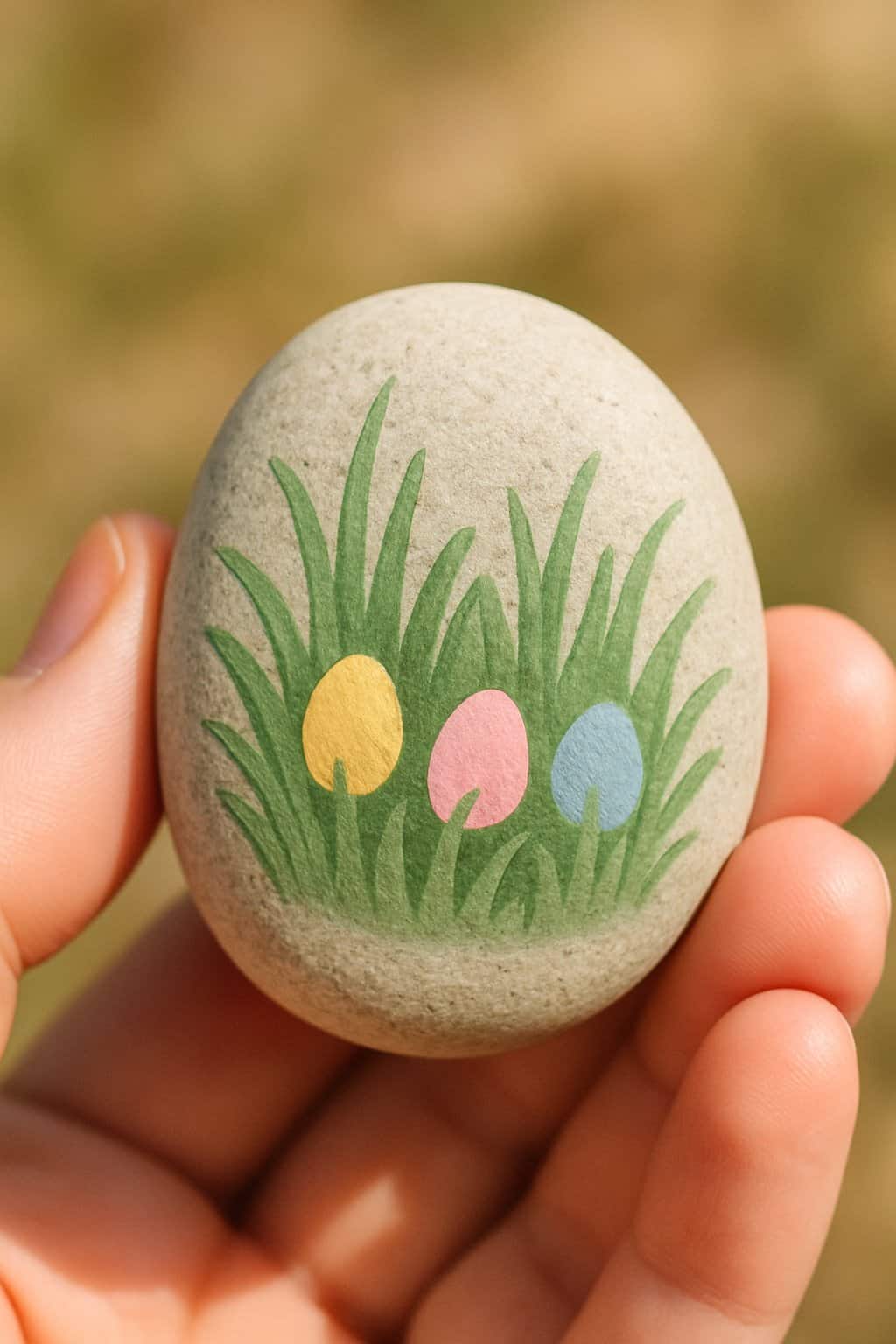A hand holding a smooth river rock painted with a simple Easter grass pattern.