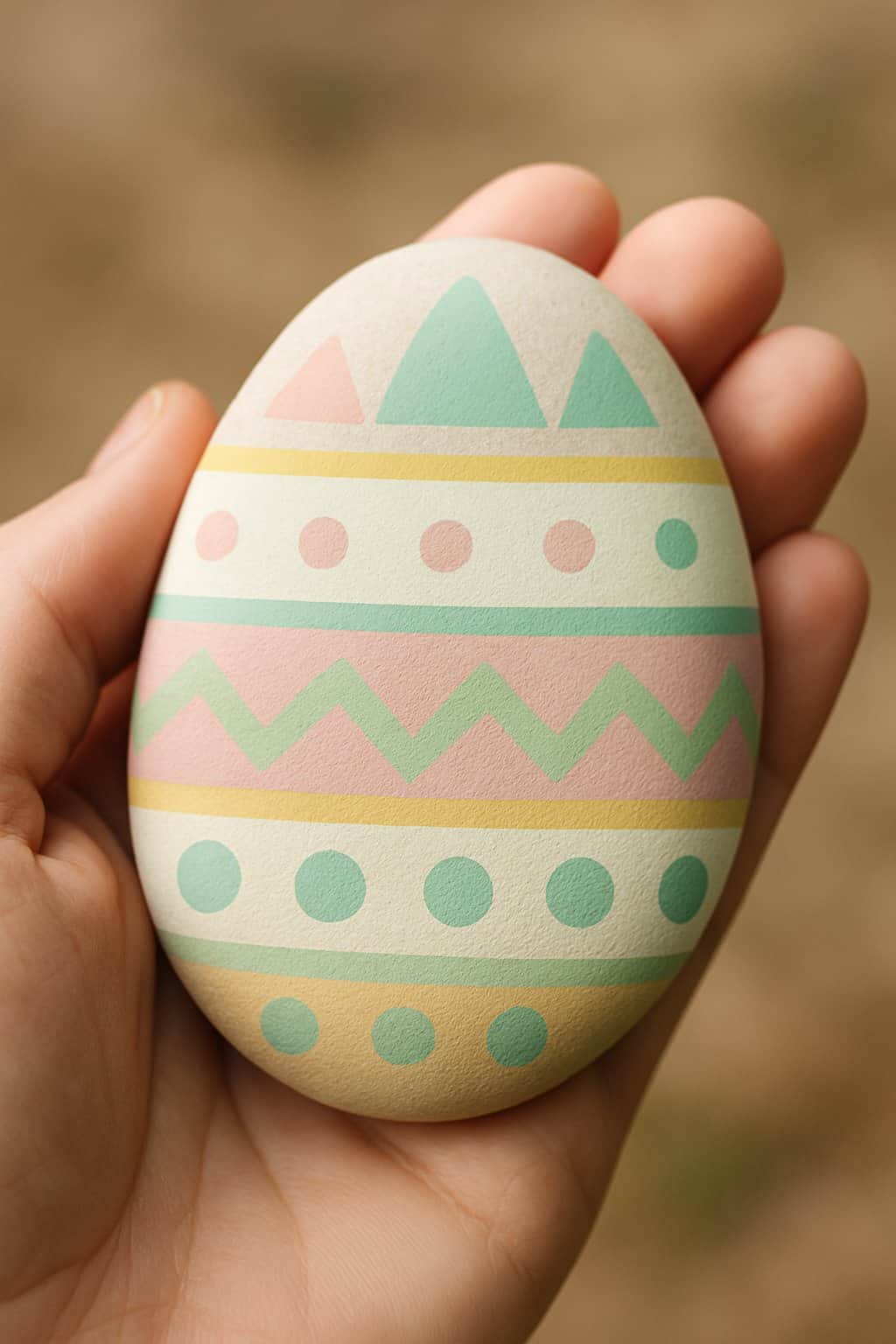 A hand holding a smooth river rock painted with simple geometric patterns in soft spring colors.