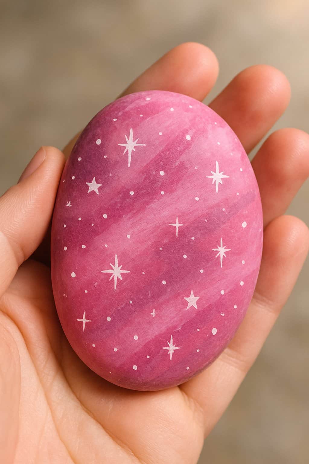 A hand holding a smooth river rock painted with pink stars and dots.