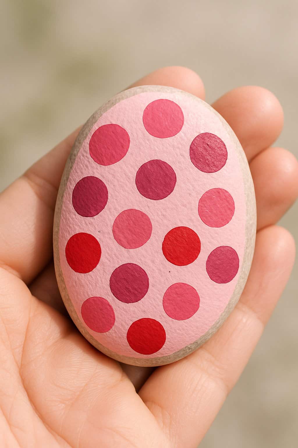 A hand holding a smooth river rock painted pink with red and pink ladybug dots.
