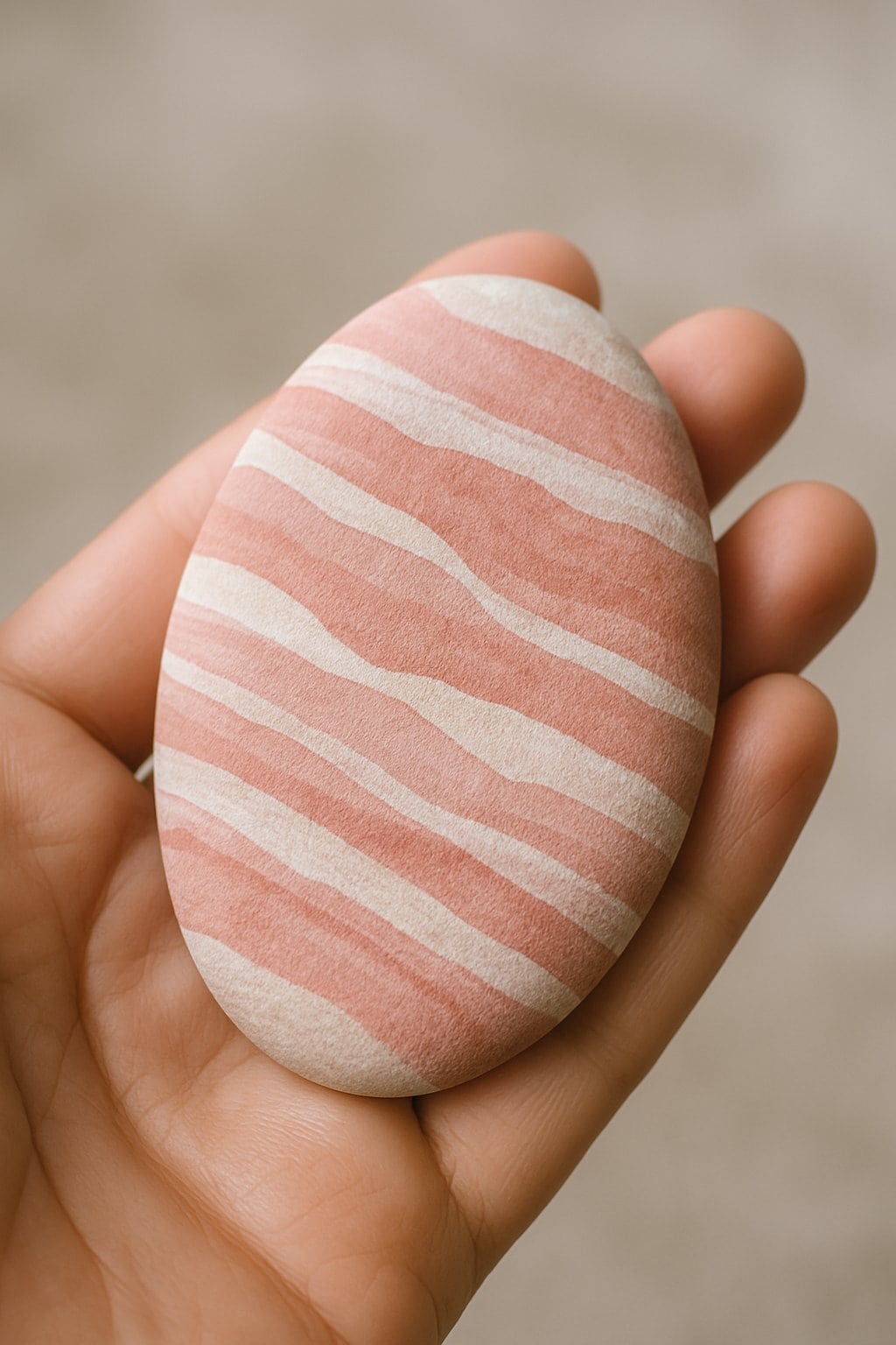 A hand holding a smooth river rock painted with pink and white stripes.