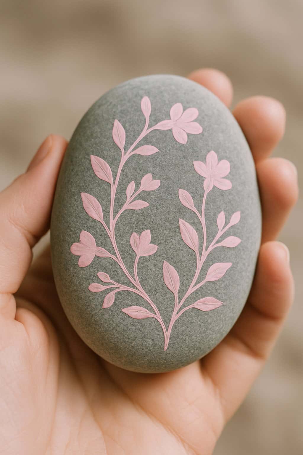 A hand holding a smooth river rock painted with pink floral vine designs.