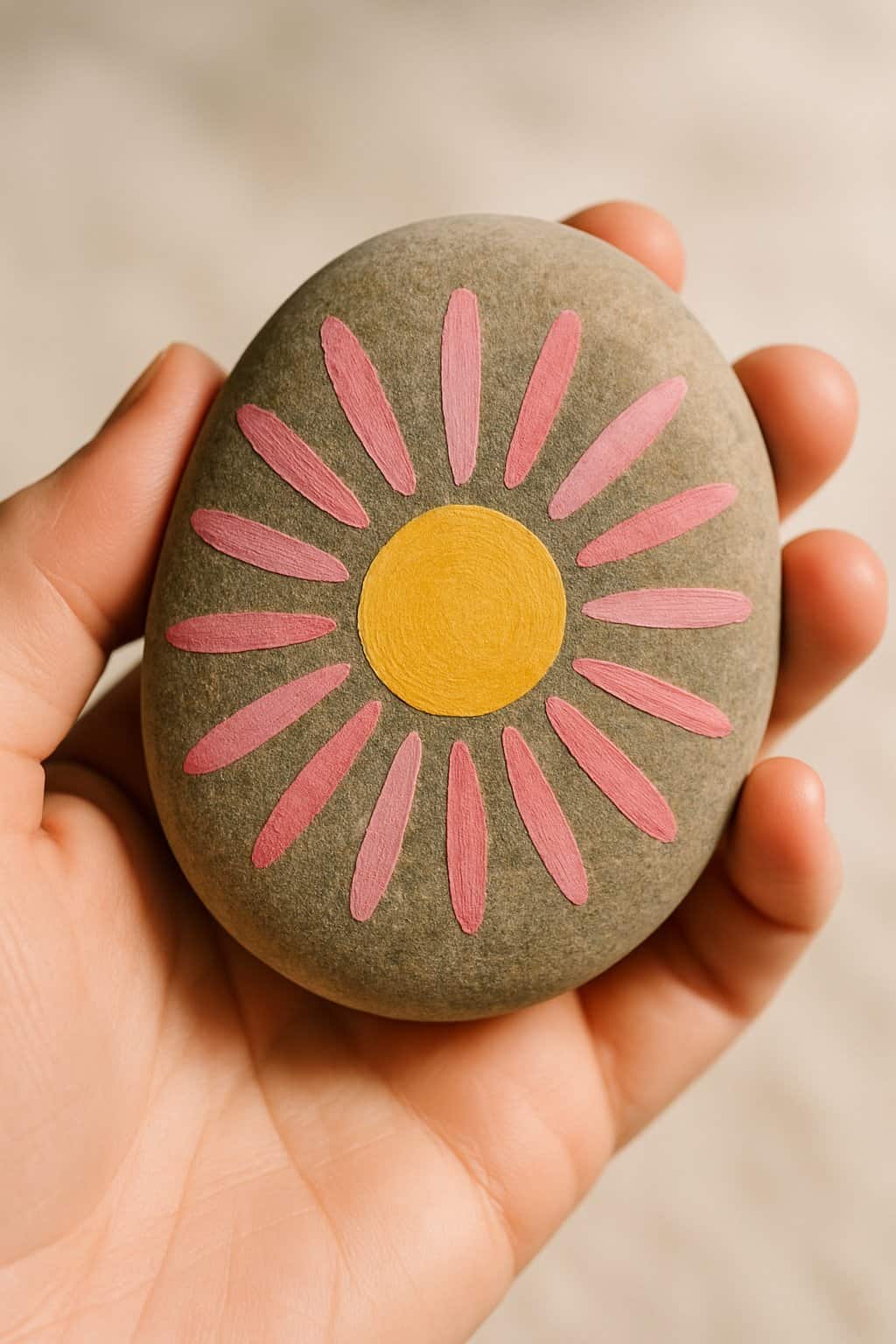 A hand holding a smooth river rock painted with a pink and yellow sunburst design.