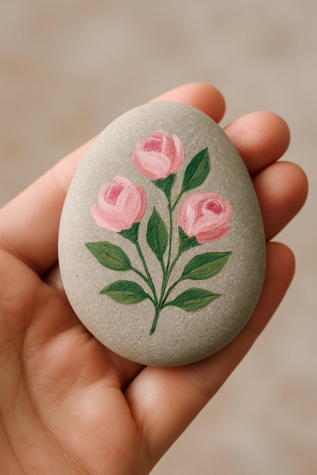 A hand holding a smooth river rock painted with pink rosebuds and green leaves.