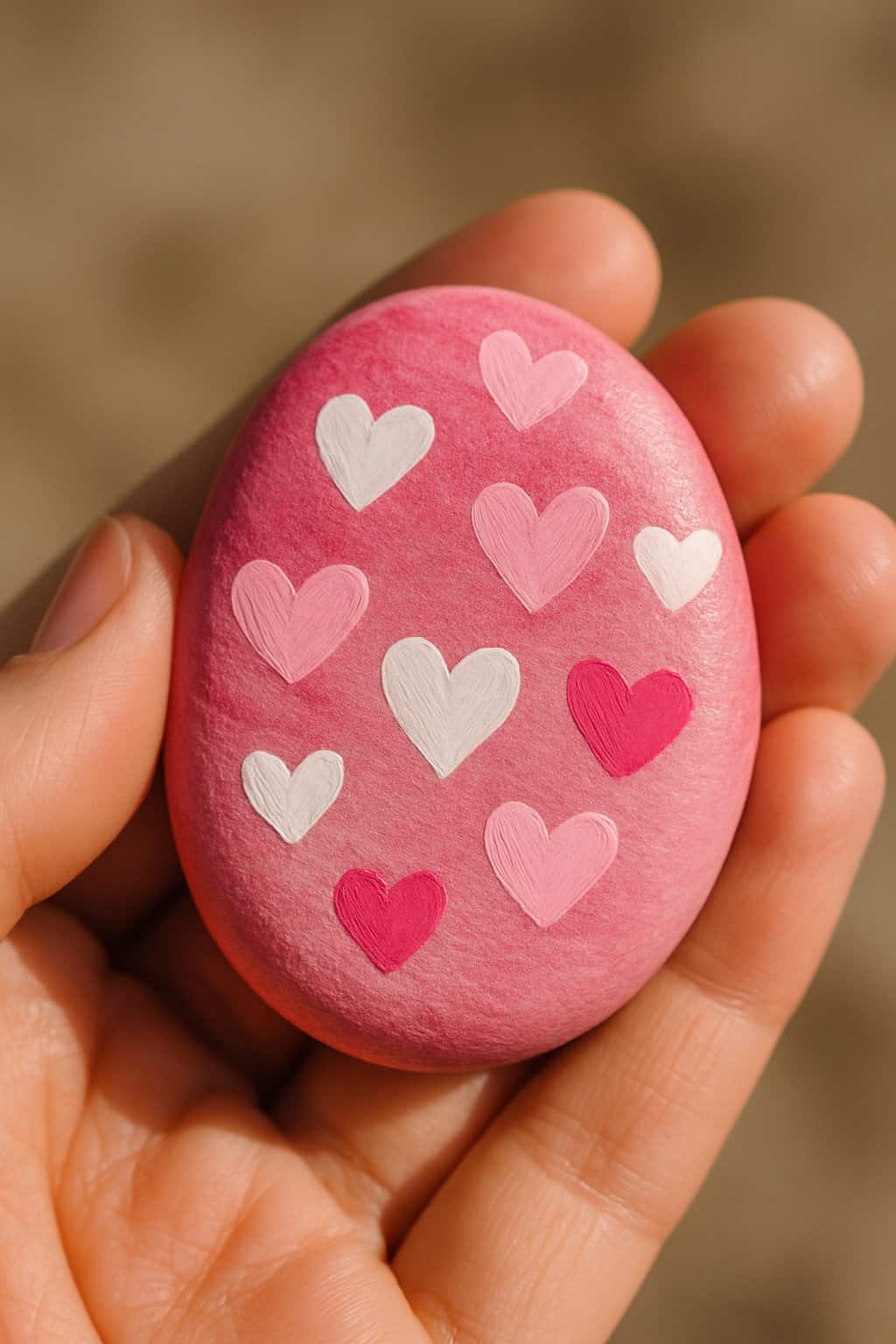 A hand holding a smooth river rock painted with pink and white hearts.