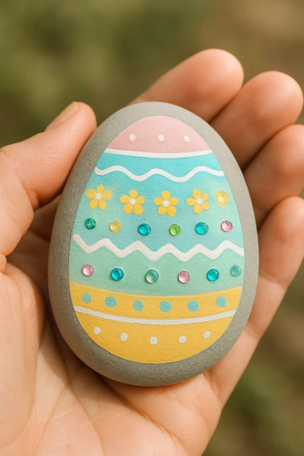 A hand holding a smooth river rock painted with a simple Easter egg design featuring small painted gemstone accents.