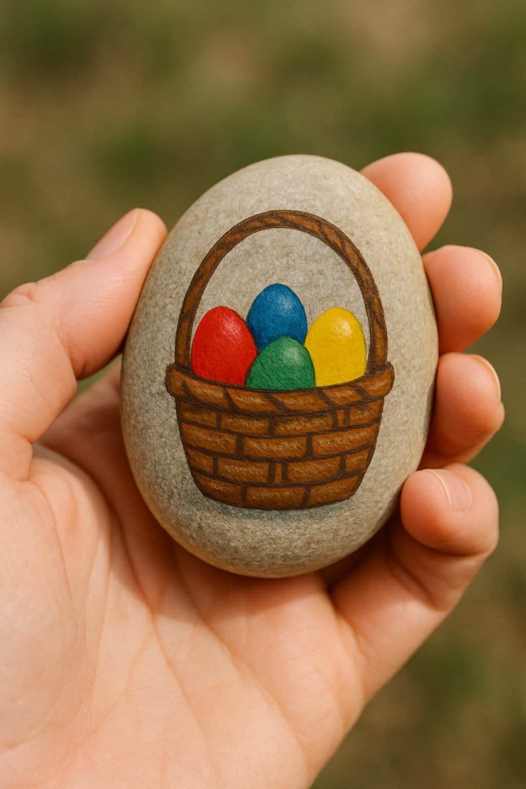A hand holding a smooth river rock painted with a tiny Easter basket filled with colorful eggs.