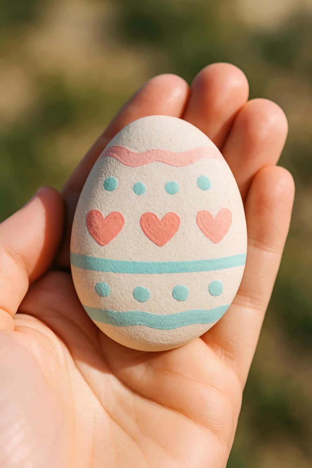 A hand holding a smooth river rock painted with a symmetrical Easter egg design featuring hearts and dots.