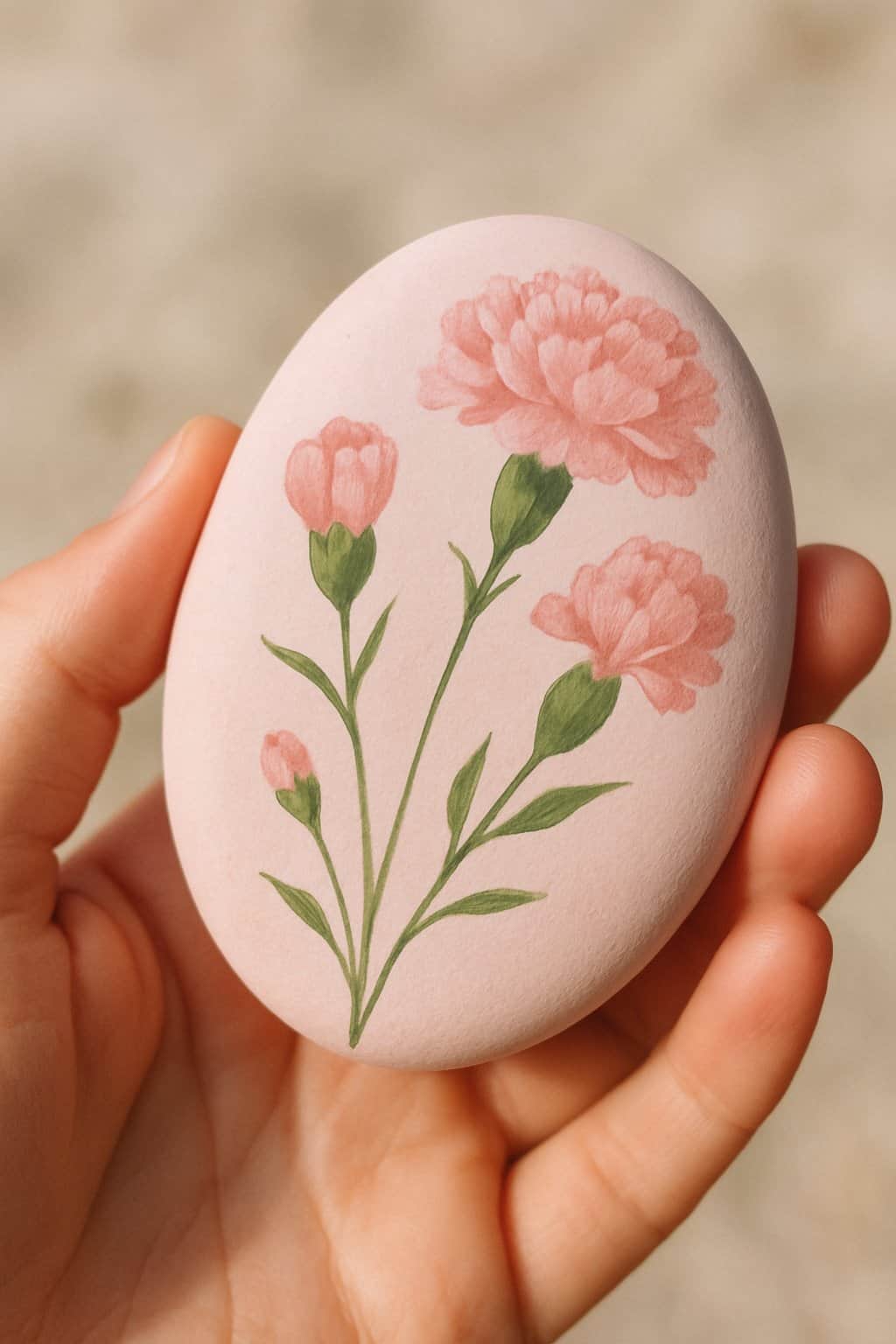 A hand holding a smooth river rock painted with pink carnations.