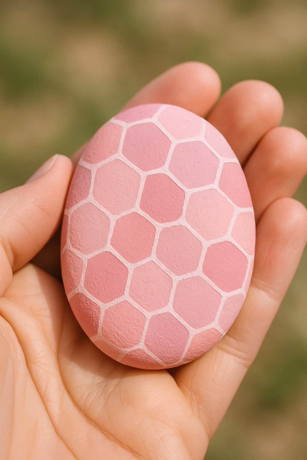A hand holding a smooth river rock painted pink with a honeycomb pattern.