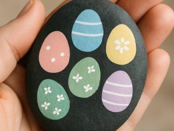 A hand holds a smooth black stone painted with six colorful Easter eggs, each decorated with different patterns, including stripes, dots, and small flowers.