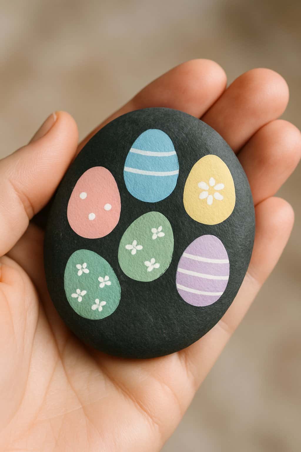 A hand holding a small painted river rock with a simple Easter egg design.