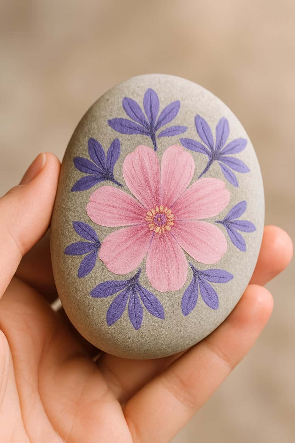 A hand holding a smooth river rock painted with pink and purple floral patterns.