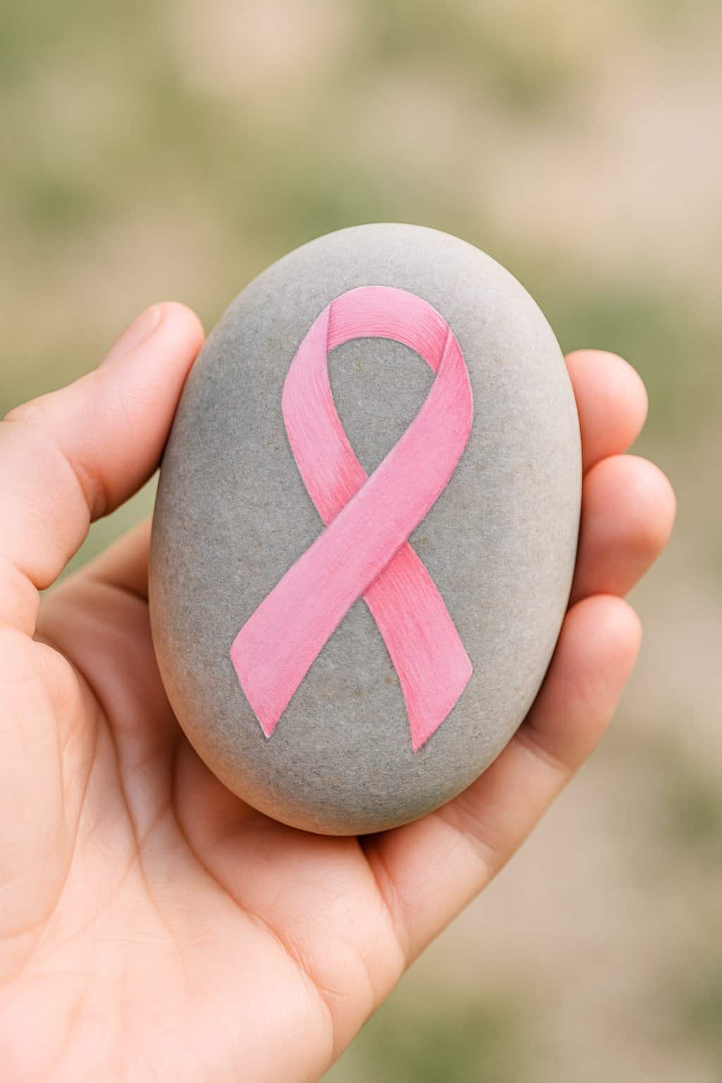 A hand holding a smooth river rock painted with a pink ribbon design.