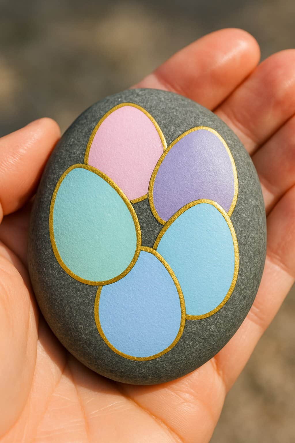 A hand holding a smooth river rock painted with pastel Easter eggs outlined in metallic gold.