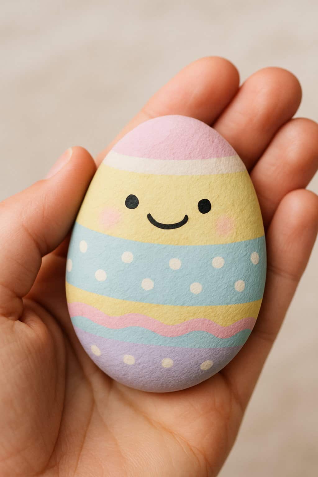 A hand holding a smooth painted rock with a smiley face design.
