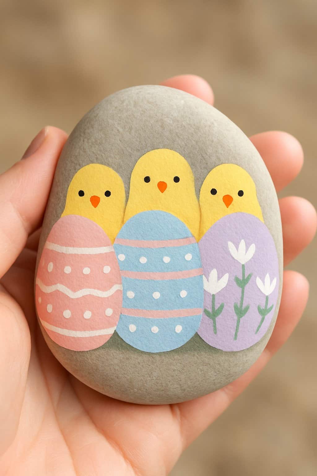 A hand holding a smooth river rock painted with small Easter chicks peeking over half-decorated Easter eggs.