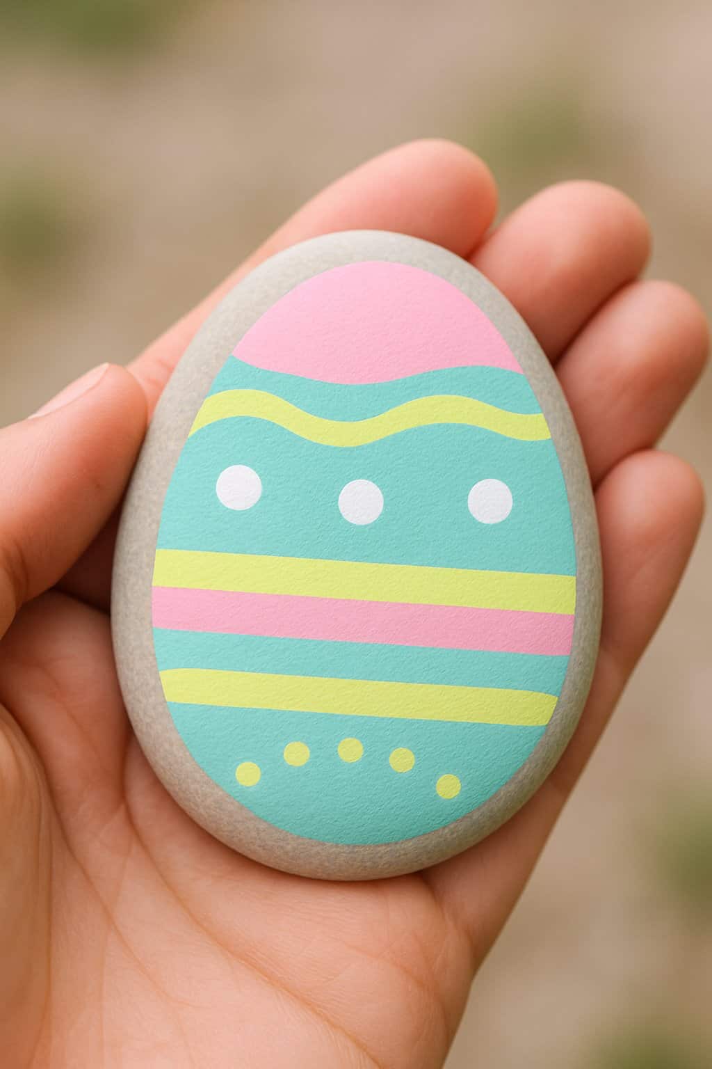 A hand holding a smooth painted rock with colorful Easter egg designs.
