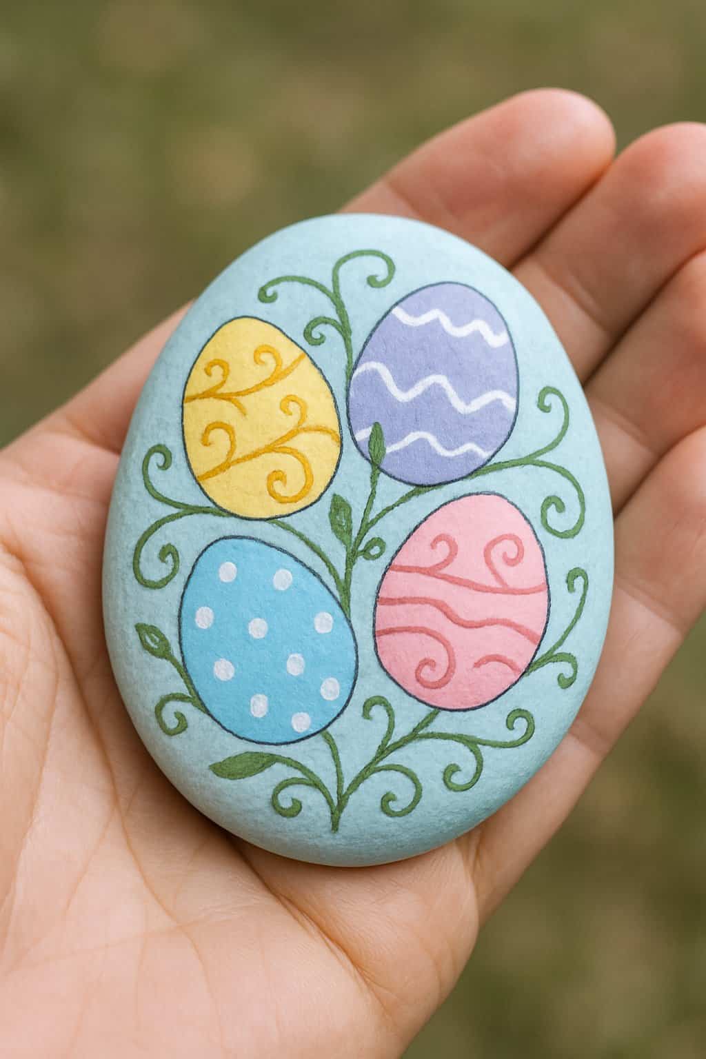 A hand holding a smooth river rock painted with colorful Easter egg designs and swirly vines.