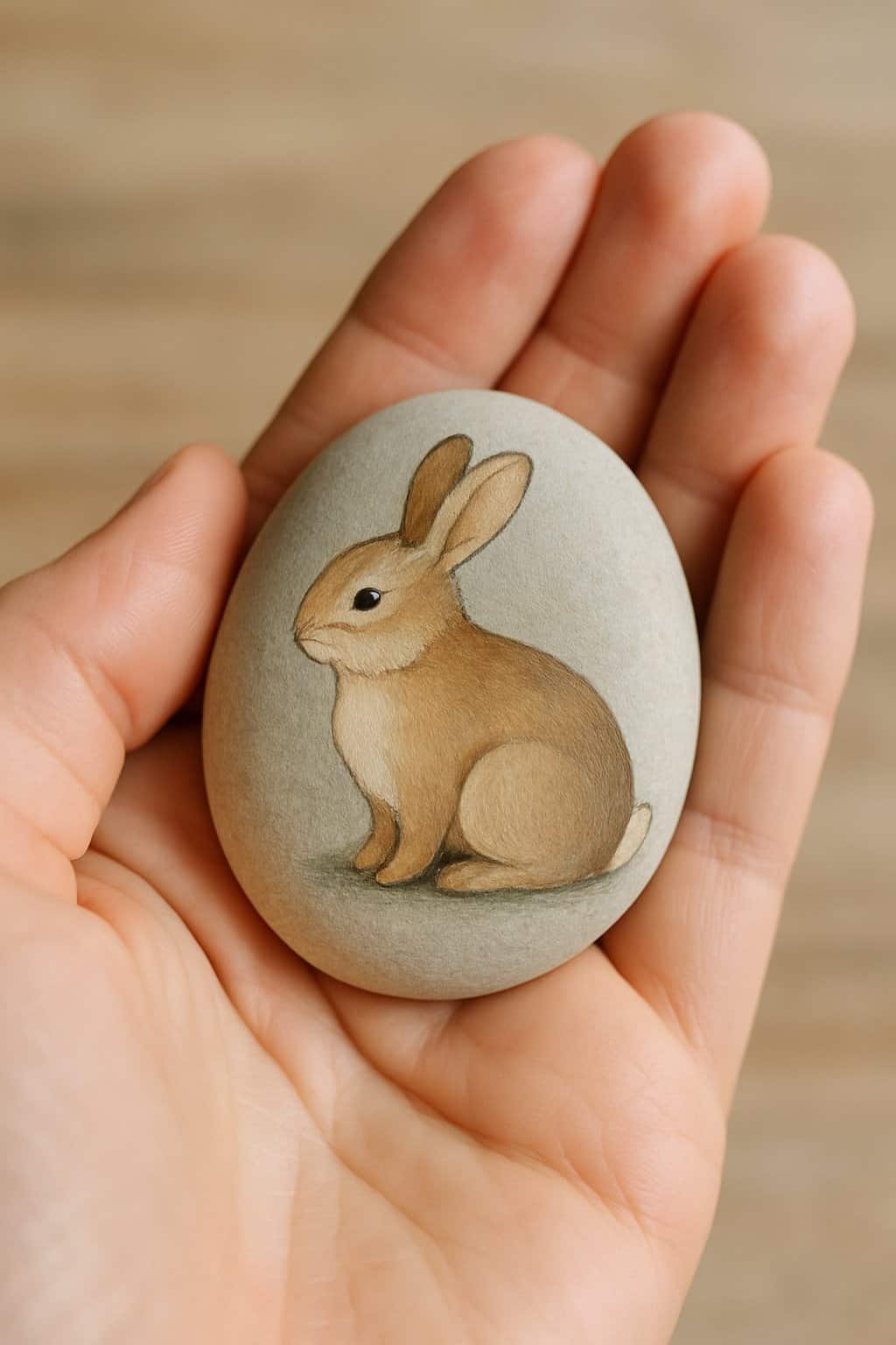 A hand holding a smooth river rock painted with a small bunny design.