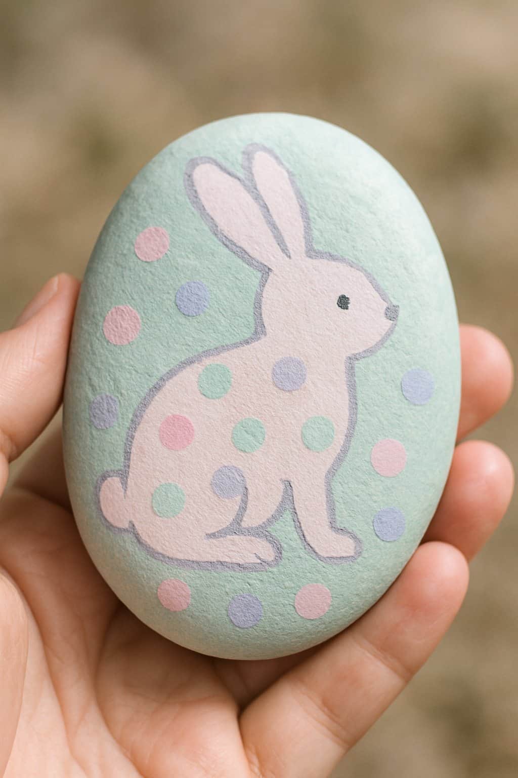 A hand holding a smooth river rock painted with a pastel polka dot bunny design.
