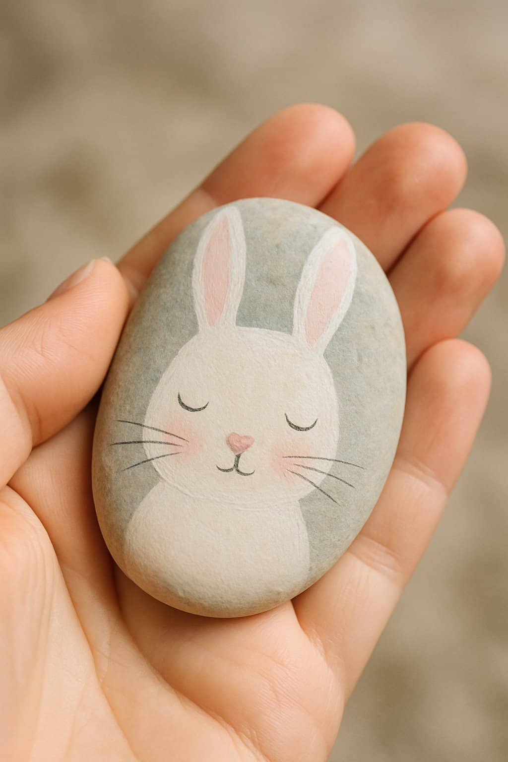 Hand holding a smooth river rock painted with a simple bunny face and whiskers.