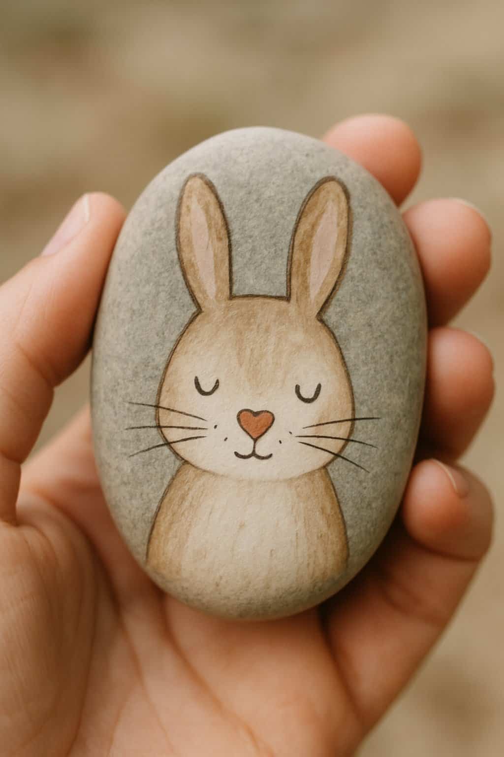 A hand holding a smooth rock painted with a cute bunny that has a heart-shaped nose.
